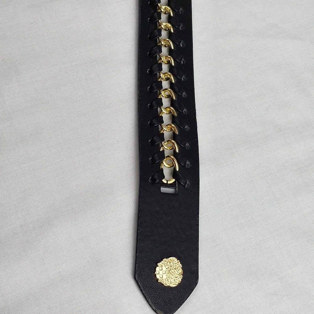 Vince Camuto Belt Womens Large Black Gold Chain Link Woven Leather Medallion